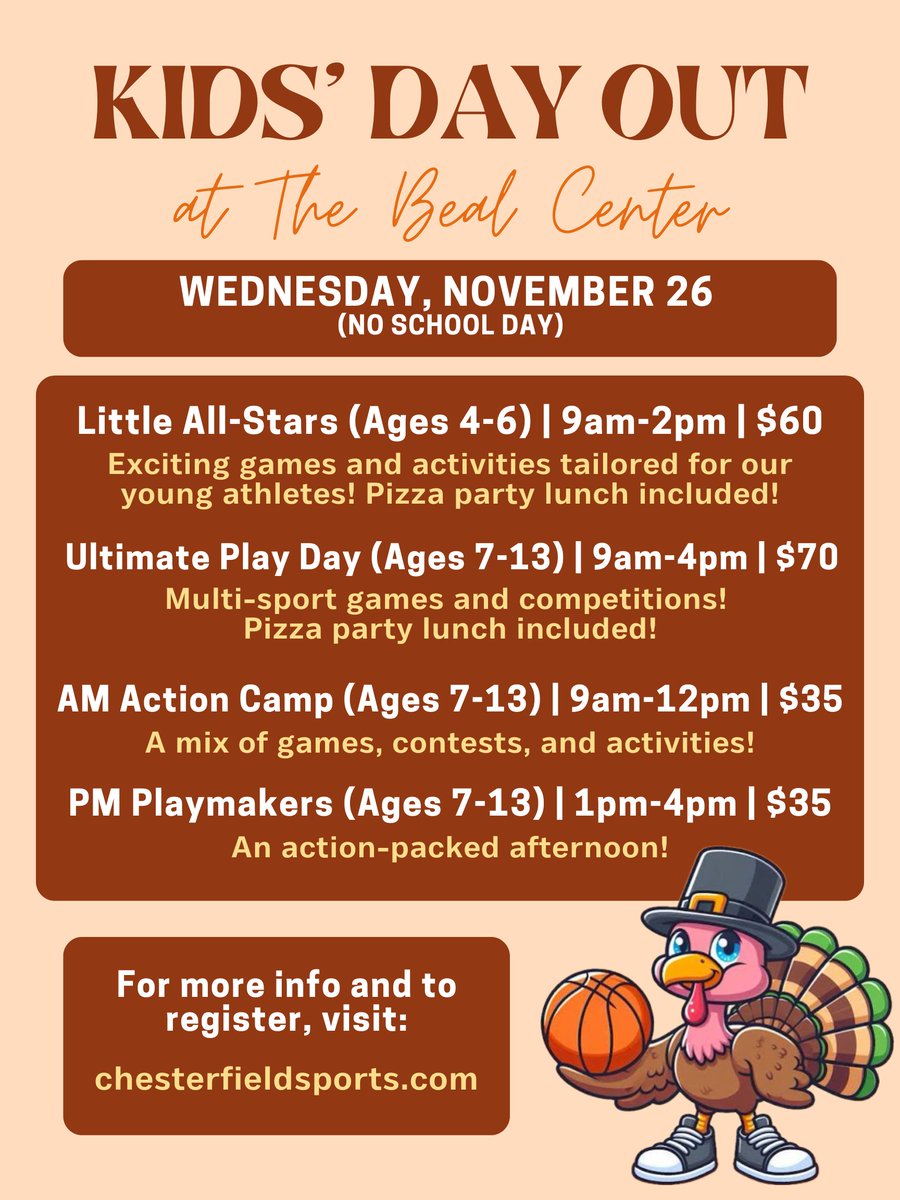 BealCenter's tweet photo. Kids’ Day Out at The Beal Center!🏀⚽️🏐🏓
🗓️Wednesday, November 26 (No School Day!)
Need something fun and active for the kids while you work or prep for Thanksgiving?
We’ve got you covered with half-day and full-day camp options! 
Register now: https://t.co/cJGwJkC8UK https://t.co/GLUYc88GDu