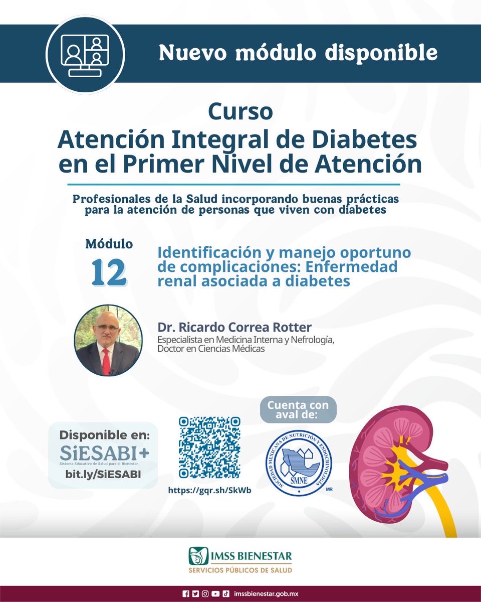 💙 ¡Nuevo módulo disponible!

🎓 Te invitamos a seguir fortaleciendo tus conocimientos en Diabetes:

🔵 Módulo 12: Identificación y manejo oportuno de complicaciones: Enfermedad renal asociada a diabetes

📅 Ya disponible!

📚 Inscríbete aquí ➡️ gqr.sh/SkWb