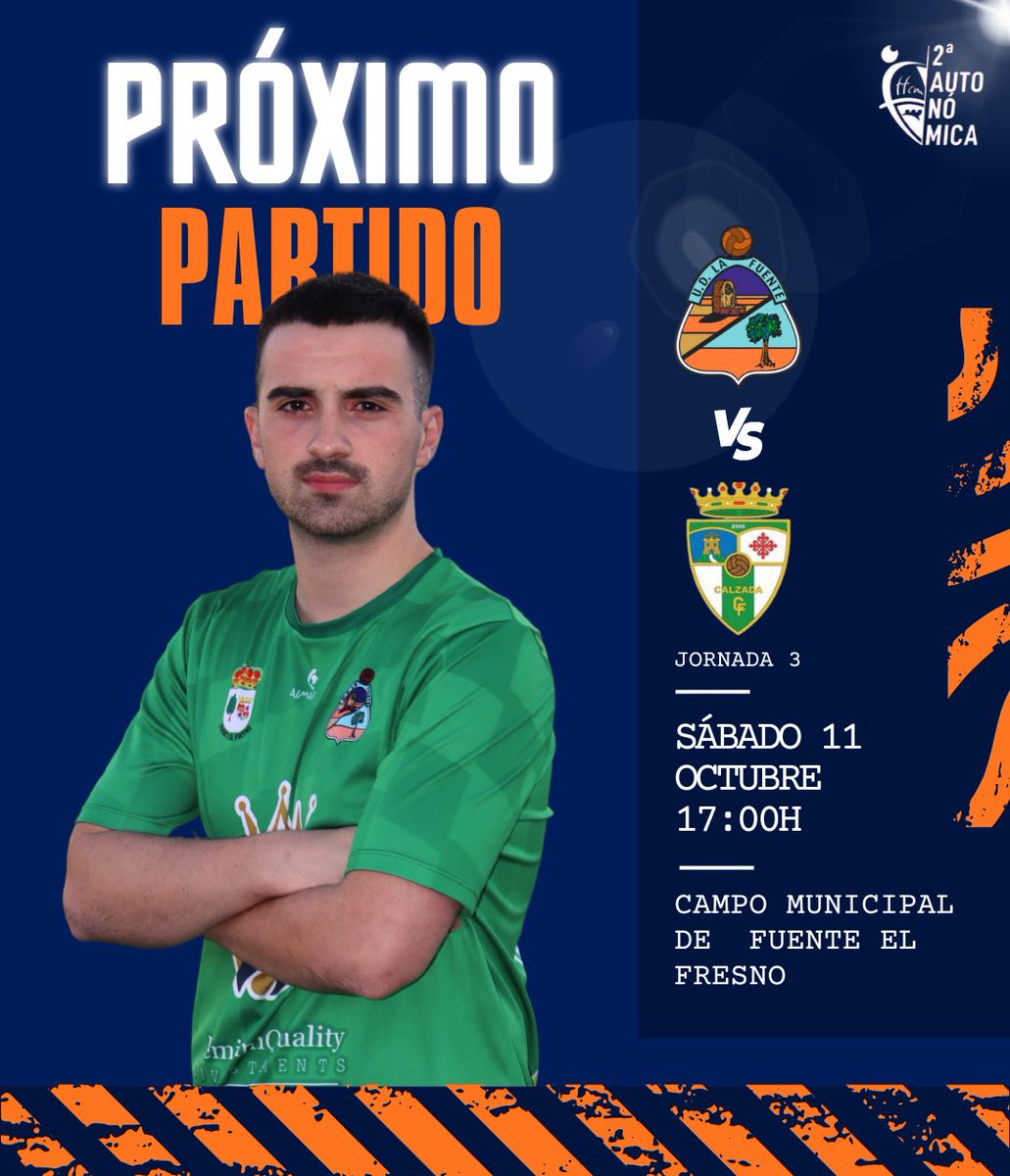 ⚽️ 𝐏𝐀𝐑𝐓𝐈𝐃𝐎 𝐃𝐄 𝐋𝐈𝐆𝐀 ⚽️

🆚 Calzada CF
📅 Sábado 11 de Octubre 
🕖 17:00h
🏟️ Campo Municipal de Fuente el Fresno

💙 ¡Te esperamos!

#SegundaAutonómica