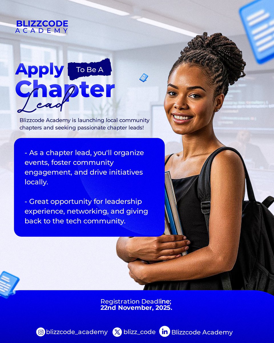 blizz_code's tweet image. Blizzcode Academy is launching community chapters and we're opening the doors for chapter leads.
Would you love to launch a Blizzcode community chapter in your location?
Kindly apply as a chapter lead or co-lead
forms.gle/Rqj6u94Bp3Uxvy…
#blizzcodeacademy