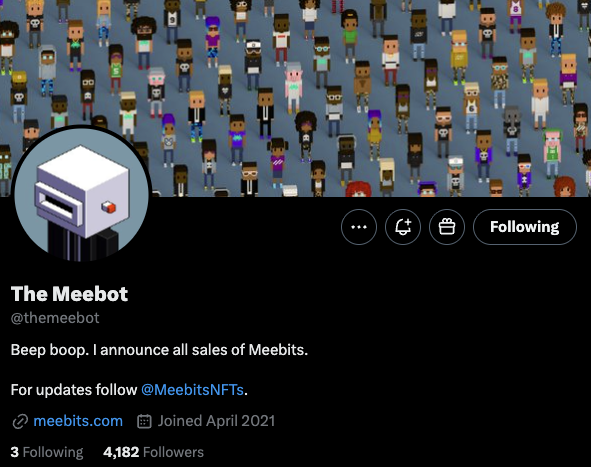 MeebitsNFTs's tweet image. Excited to announce the return of @themeebot.

Originally deployed by Larva Labs, The Meebot is the official Meebits sales bot.