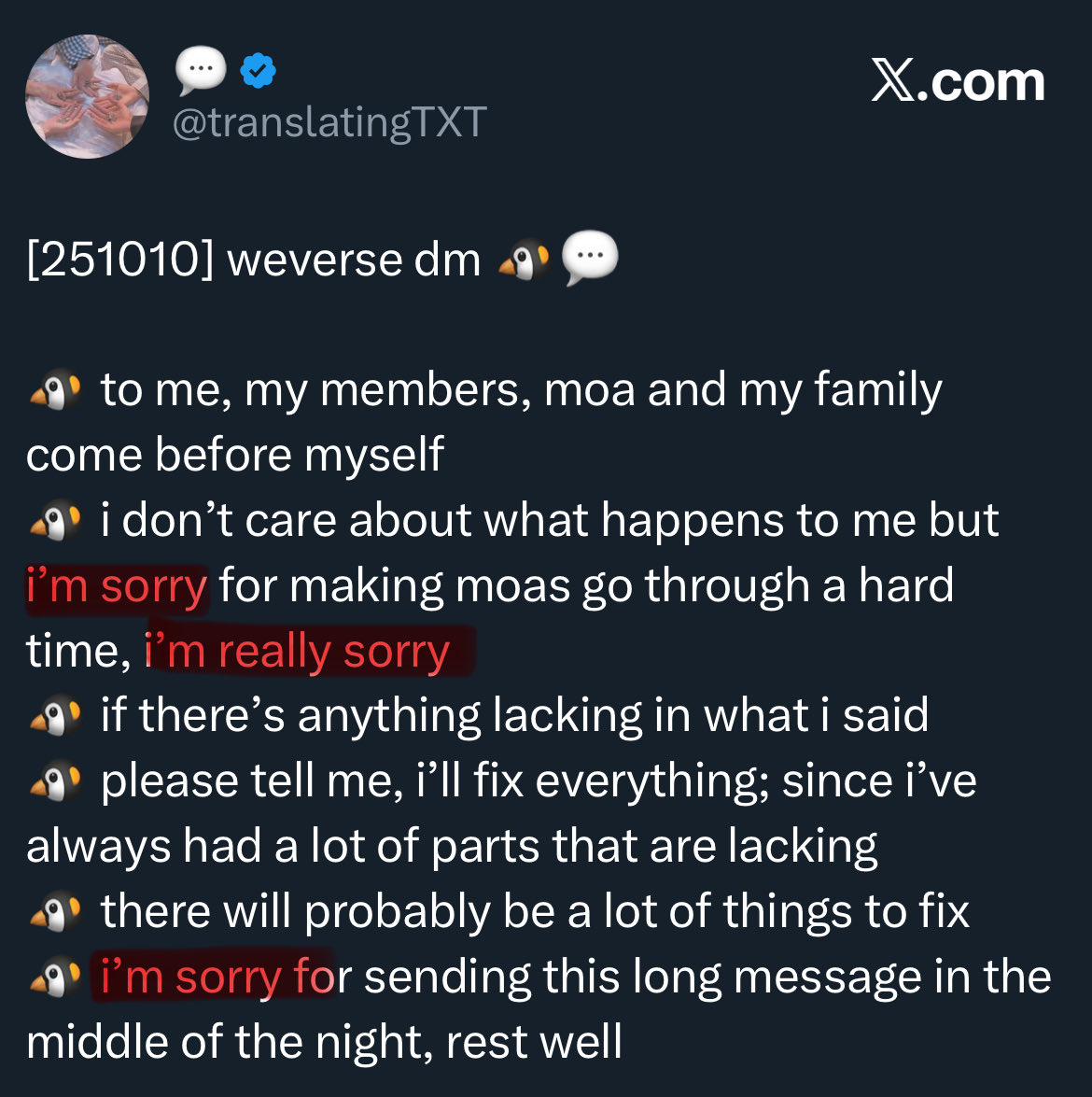 kai apologised 7. 7 times for being a nice person and helping his friend. he apologised for making moas “go through a hard time” when he was the one getting stalked, when his privacy was invaded, when he wanted just to have a good time with his friend…we are so sorry our angel