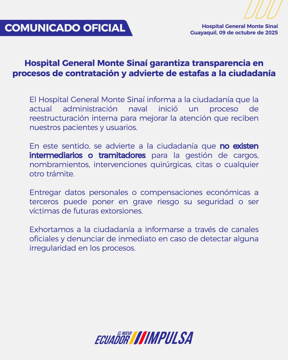 #ElNuevoEcuador | El <a href="/HGMonteSinai/">Hospital General Monte Sinaí 🇪🇨</a> garantiza la transparencia en procesos de contratación y alerta a la ciudadanía sobre posibles estafas.
➡️ Conozca más detalles en el siguiente #ComunicadoOficial 👇.