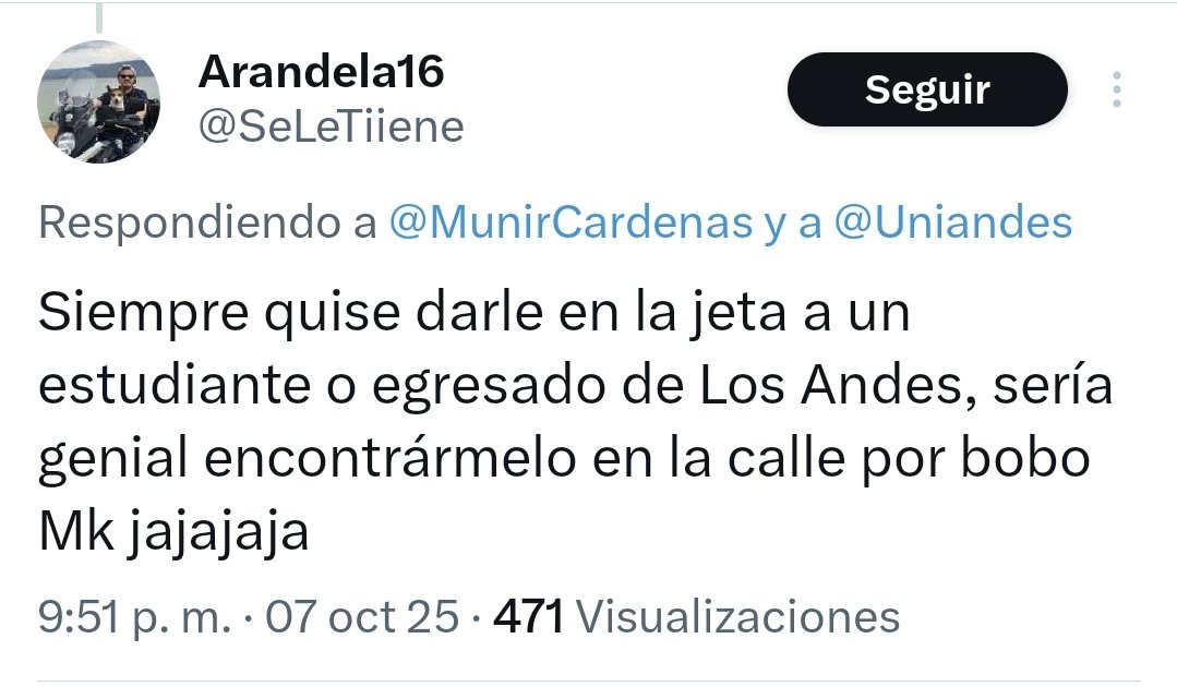 El cobarde mamerto de <a href="/SeLeTiiene/">Benito16</a> que me amenazó borro el tuit.

¡Apenas que lo expuse se fue como el miedoso que son toda la izquierda! Pero tranquilos que le saque captura a su comentario y se llevará el debido proceso ante la Fiscalía.