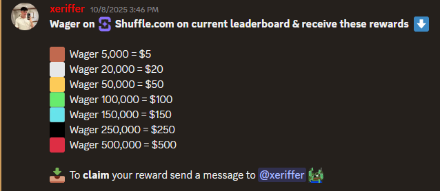 🎁 $50 <a href="/shufflecom/">Shuffle.com</a> giveaway

To enter:

1⃣ Like &amp; RT
2⃣ Follow <a href="/xerigamba/">xeriffer</a>

🟪 $1,500 Shuffle Leaderboard ending in 5 days
🔗 Standings: xeriffer.com/leaderboard/sh…
💰 Wager rewards for everyone under my code!
🔗 More info on my discord: discord.gg/xeri