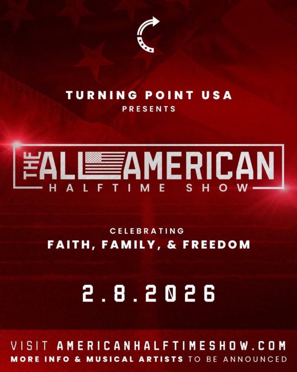 GoldenAgeTimes2's tweet image. 🚨WINNING; Turning Point USA announced their Superbowl Halftime Show as an alternative to Radical Leftist Bad Bunny&apos;s Halftime show. Visit AMERICANHALFTIMESHOW.COM for more information! 🔥🔥🔥
