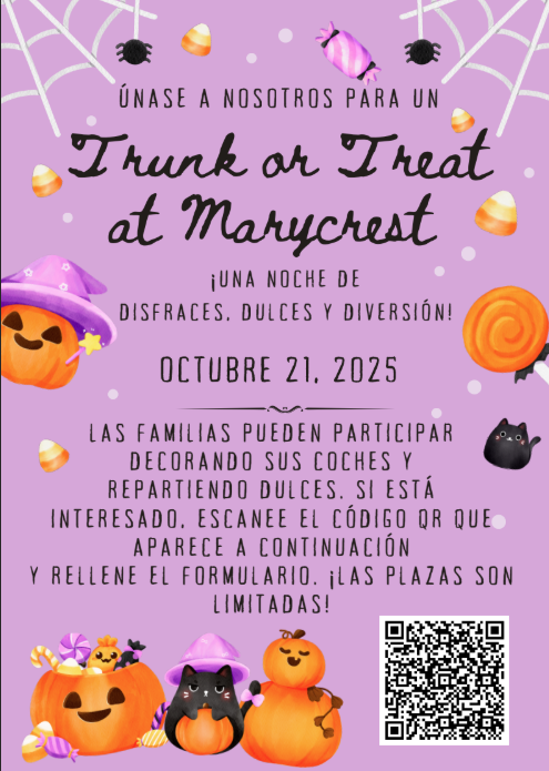 🎃👻 Join us for a spooktacular night of costumes, candy, and fun at our Trunk or Treat at Marycrest! 🍬✨
Families are invited to decorate their vehicles and pass out treats! Mark your calendars for October 21st — you won’t want to miss it! 🕸️🦇