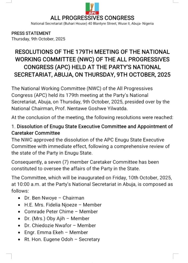 Gsotu's tweet photo. RESOLUTIONS OF THE 179TH MEETING OF THE NATIONAL WORKING COMMITTEE (NWC) OF THE ALL PROGRESSIVES CONGRESS (APC) HELD AT THE PARTY’S NATIONAL SECRETARIAT, ABUJA, ON THURSDAY, 9TH OCTOBER, 2025 https://t.co/0GnSobpVky