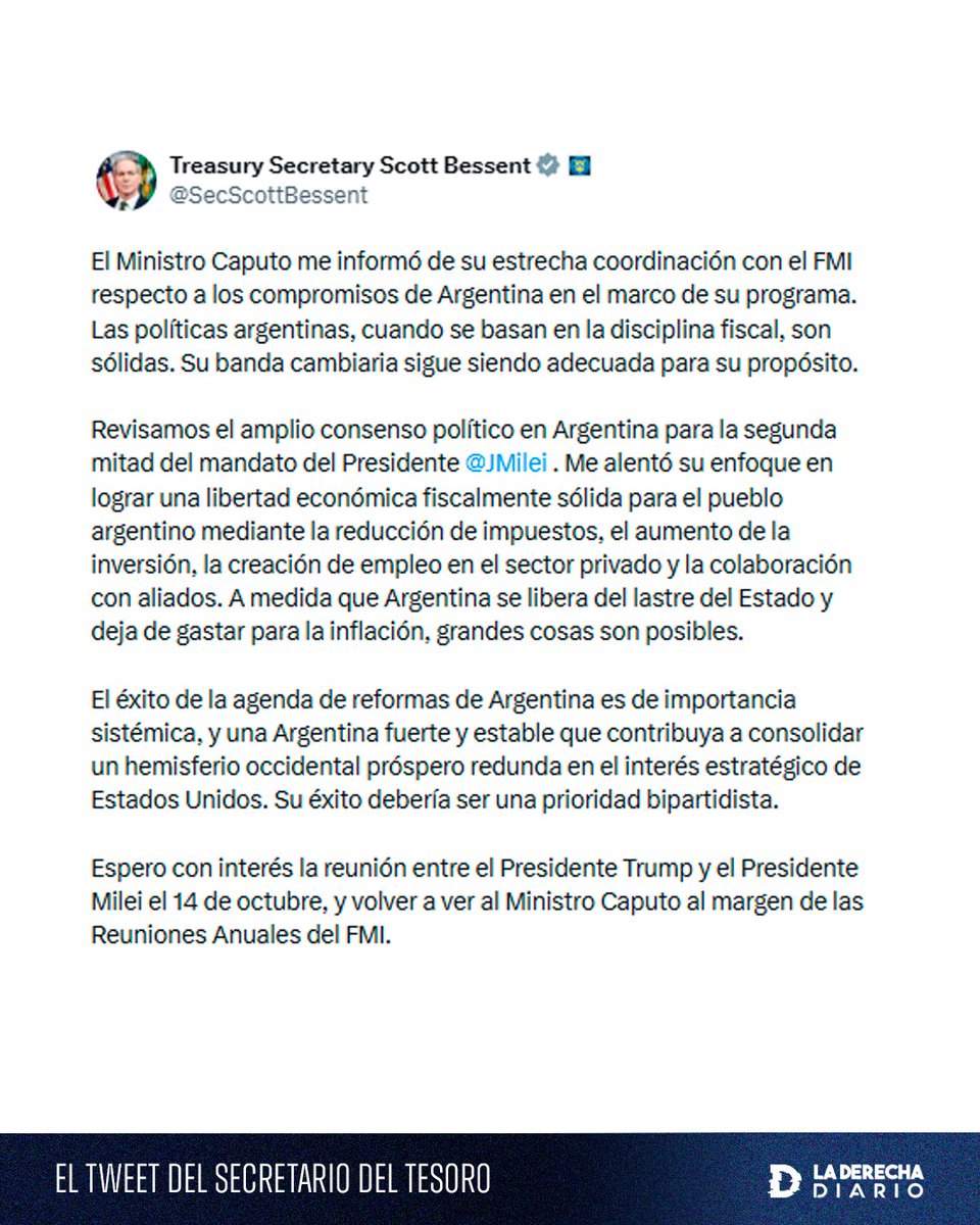 laderechadiario's tweet image. 🚨🇺🇸🇦🇷 | ESTADOS UNIDOS VENDE SUS DÓLARES PARA COMPRAR PESOS ARGENTINOS: Scott Bessent anunció que el Tesoro de EEUU compró pesos en el mercado argentino, en la mayor demostración de apoyo de Estados Unidos al plan económico argentino de la historia.