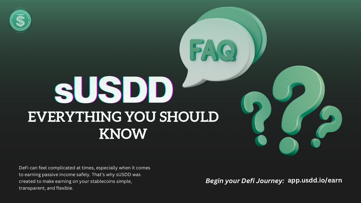 Meghan_Crypt's tweet photo. 📘 sUSDD FAQ — Everything You Should Know

If you’re curious about how it all works, here’s a quick, straightforward rundown of the most common questions people ask about sUSDD and USDD Savings.

1️⃣ What Exactly Is sUSDD?
🔸 sUSDD is the interest-bearing version of USDD. 
When you deposit USDD into the USDD Savings system, you receive sUSDD in return.

➨ Over time, the value of your sUSDD increases automatically as yield accumulates.

2️⃣ How Do You Earn With It?
🔸 Once you hold sUSDD, your earnings start building up automatically. 

➨ The protocol’s on-chain investment strategies generate returns, and those returns are reflected in the increasing value of your sUSDD.

3️⃣ Is There a Lock-Up Period?
🔸 Nope. There are no lock-ups or restrictions.

➨ You can deposit and withdraw your funds whenever you want, full flexibility, full control.

4️⃣ Where Does the Yield Come From?
🔸 The yield isn’t based on temporary incentives or unsustainable emissions.

➨ Instead, it’s generated through on-chain investment strategies and protocol-driven revenue, designed for steady, sustainable growth over time.

5️⃣ Are There Any Risks?
🔸 Like any DeFi product, some level of risk exists, but sUSDD is built to be conservative and stable.

➨ The system focuses on capital safety and consistent yield, not on chasing the highest returns.

6️⃣ How Competitive Is the APY?
🔸 The APY adjusts with market conditions, but it consistently remains one of the most competitive rates compared to both traditional savings and other DeFi protocols.

➨ For now, you can earn up to 12% APY, all while keeping your funds liquid and accessible at any time.

7️⃣ How Can You Track Your Earnings?
🔸 That’s the best part, you don’t need to.
Your rewards are automatically reflected in the value of your sUSDD. 
As time passes, your sUSDD becomes redeemable for more USDD than you originally deposited.

➨ You can check your updated balance anytime on-chain or directly through the USDD Earn page.

🔖 sUSDD brings simple, stable, and transparent savings to DeFi.
If you’ve been looking for a way to earn passively without the usual hassle, this might be worth exploring.

👉 Start your DeFi savings journey:
🔗 https://t.co/EIbU1J57s5 

#DeFi #USDD @usddio