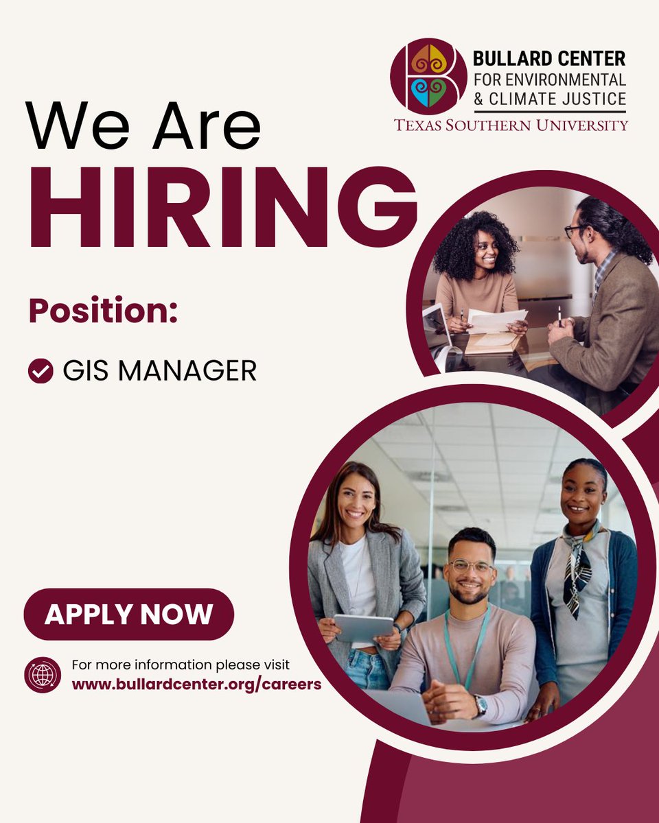 Bullard Center for Environmental & Climate Justice (@bullardcenter) on Twitter photo The Bullard Center for Environmental and Climate Justice at Texas Southern University in Houston is seeking a skilled and experienced GIS Manager to join our team of educators, scholars, researchers, writers, civic and community engagement advocates and practitioners.
 
The GIS The Bullard Center for Environmental and Climate Justice at Texas Southern University in Houston is seeking a skilled and experienced GIS Manager to join our team of educators, scholars, researchers, writers, civic and community engagement advocates and practitioners.
 
The GIS