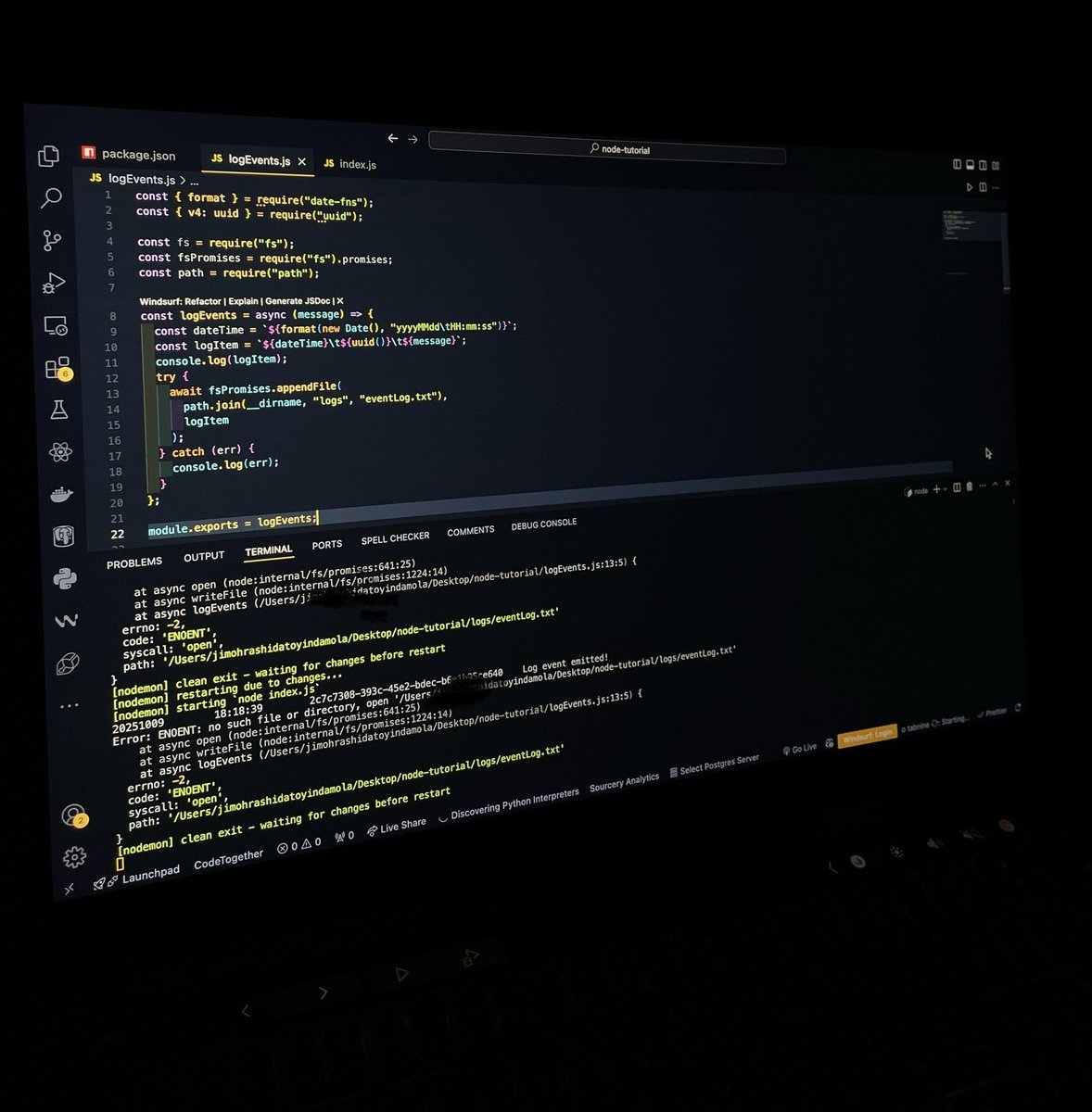 OyindaJr's tweet image. Learnt how to use the log events function with EventEmitter in Node.js. A simple way to track app activity and keep your code modular!👩‍💻

#nodejs #backend #SoftwareEngineering