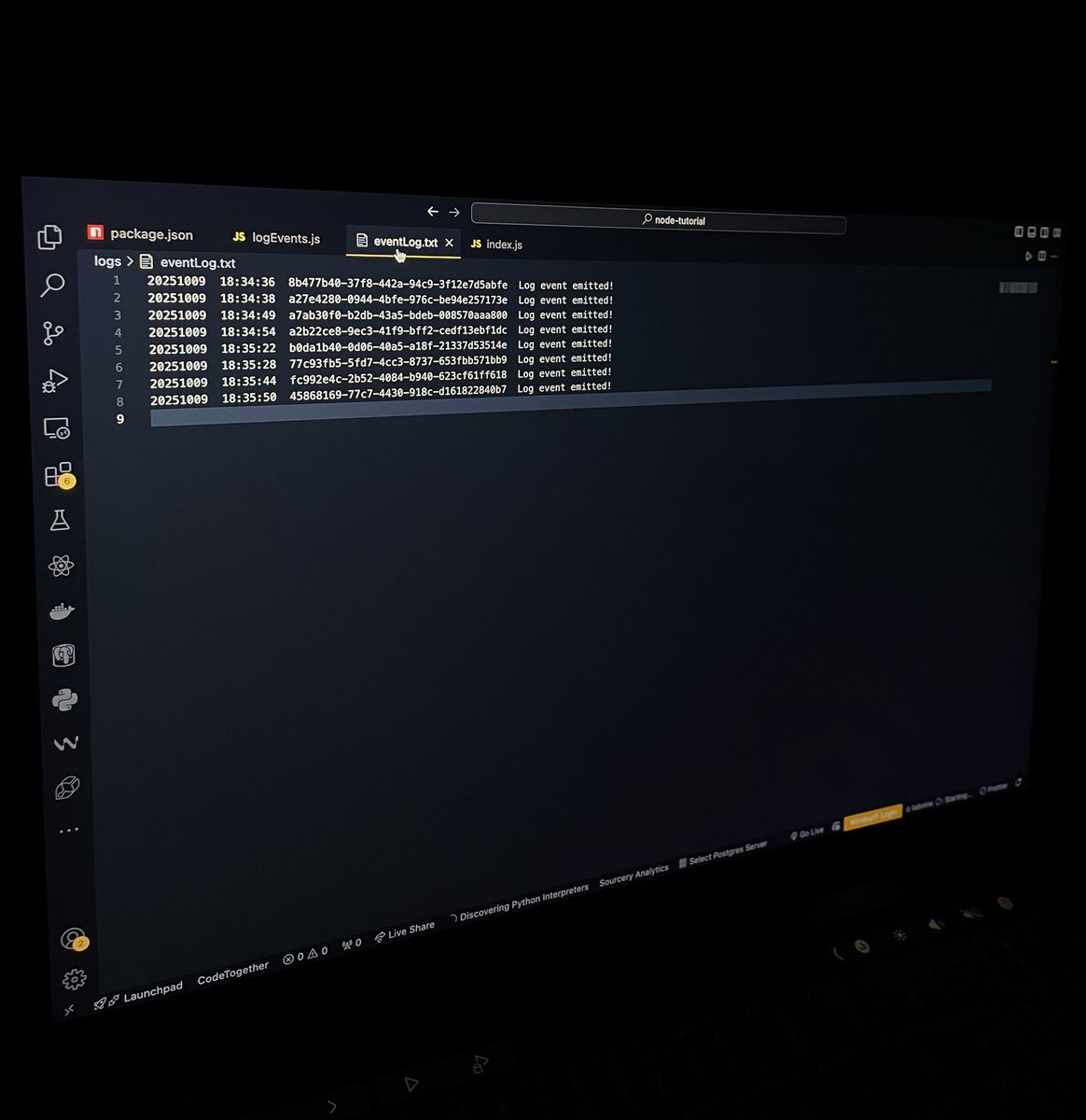OyindaJr's tweet image. Learnt how to use the log events function with EventEmitter in Node.js. A simple way to track app activity and keep your code modular!👩‍💻

#nodejs #backend #SoftwareEngineering