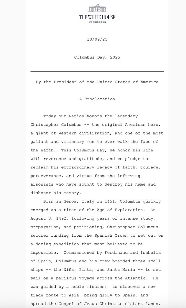 📰 #ÚLTIMAHORA Donald Trump firma la declaración del Día de la Hispanidad, y vuelve la celebración de Colón a EEUU 🇺🇸:

"Lo guiaba una misión noble: hallar una nueva ruta hacia Asia 🌏, dar gloria a España 🇪🇦 y llevar el Evangelio de Jesucristo a tierras lejanas".

#ColumbusDay