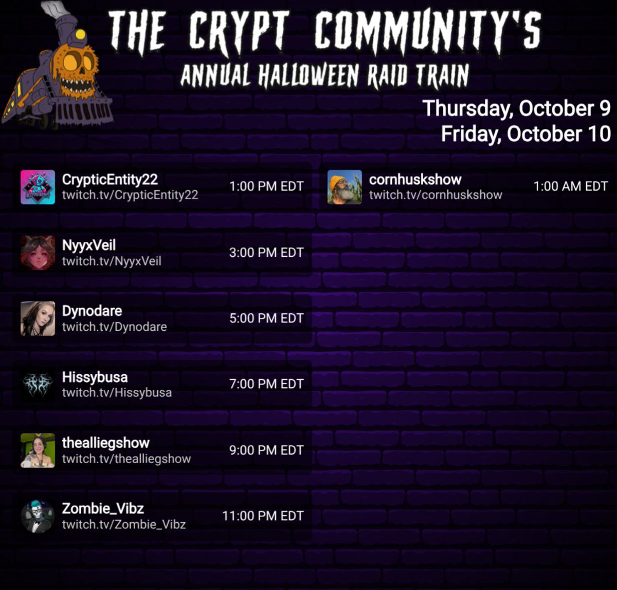 It's the last day of the raid train! We really don't want it to end, but alas it is ending tonight. Please make sure you check out these amazing streamers and give them all the support

Tomorrow we will have an ending ceremony at 12:00 pm EST back on our twitch channel! 🚂🎃🎃🎃