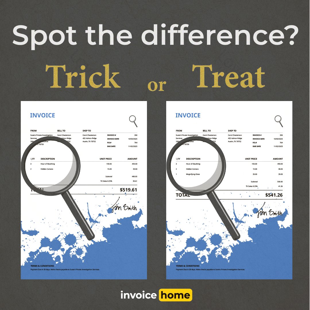 InvoiceHome's tweet image. Invoices can be scary… especially when something is missing! 🎃👻
#InvoiceHome #InvoiceTemplate #Spooky #Trick #Treat #Halloween #Freelance #Finance
invoicehome.com/to/x-tricks-tr…