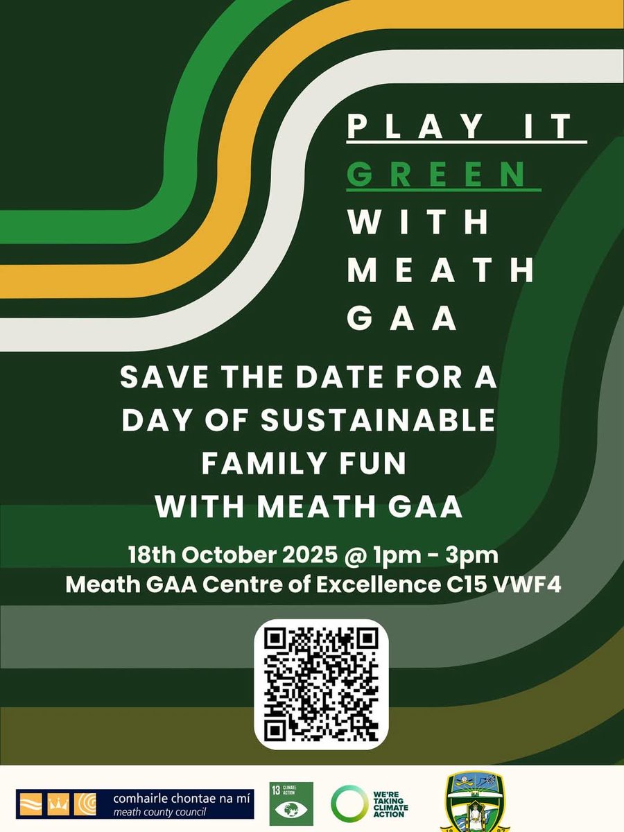 Come and be part of ⁦<a href="/MeathGAA/">Meath GAA</a>⁩ Play It Green Day, a free family-friendly celebration of sport, community, and sustainability, proudly supported by Meath County Council and the Meath GAA Climate Action and Sustainability Committee.
Dunganny COE Saturday, 18th October