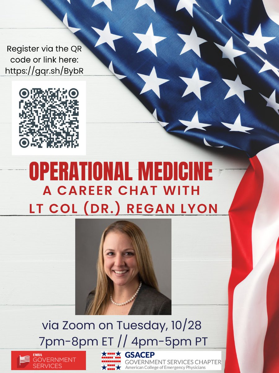 🚨 Ever wonder what it’s really like to practice medicine in the military? 💥 Join Lt Col (Dr.) Regan Lyon for a candid chat- from deployments to leadership, she’s done it all, and she’s sharing her story with YOU!
Tues, Oct 28 | 7-8 PM ET 💻
Register 👉 gqr.sh/BybR