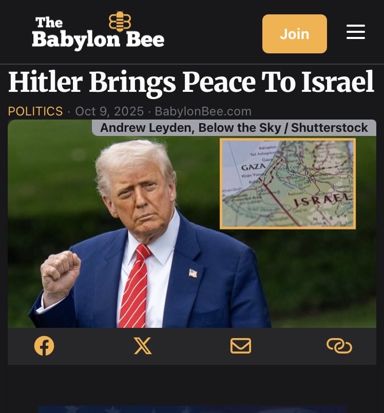 Hitler Brings Peace to Israel 

❤️The Babylon Bee 🐝
🤣🤣

Trump‼️❣️❣️