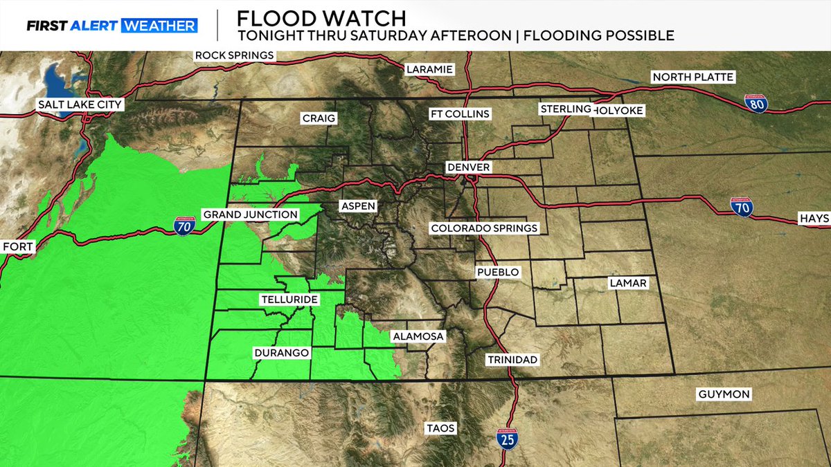 Dave Aguilera (@davecbscolorado) on Twitter photo First Alert: A FLOOD WATCH is posted tonight thru Saturday for a big chunk of the Western Slope! Some areas near the Four Corners may see 2 to 4 inches of rain over 4 days! #cowx <a href="/LaurenCBS4/">Lauren Whitney</a> <a href="/CallieZTV/">Callie Zanandrie</a> <a href="/AlexLCBS4/">Alex Lehnert</a> <a href="/AshtonCBS/">Ashton Altieri</a> <a href="/CBSJoeWeather/">Joe Ruch</a> First Alert: A FLOOD WATCH is posted tonight thru Saturday for a big chunk of the Western Slope! Some areas near the Four Corners may see 2 to 4 inches of rain over 4 days! #cowx <a href="/LaurenCBS4/">Lauren Whitney</a> <a href="/CallieZTV/">Callie Zanandrie</a> <a href="/AlexLCBS4/">Alex Lehnert</a> <a href="/AshtonCBS/">Ashton Altieri</a> <a href="/CBSJoeWeather/">Joe Ruch</a>