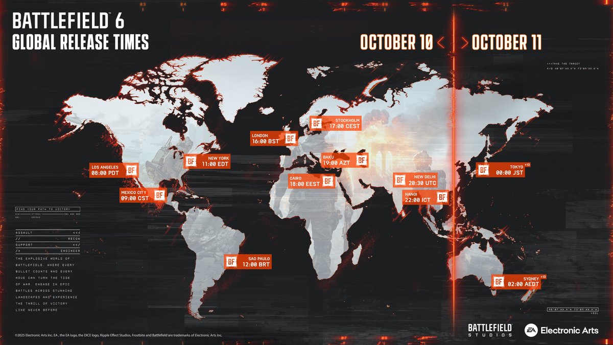 【ついに今夜】

Battlefield6は日本時間の10月11日0時に正式リリースされます