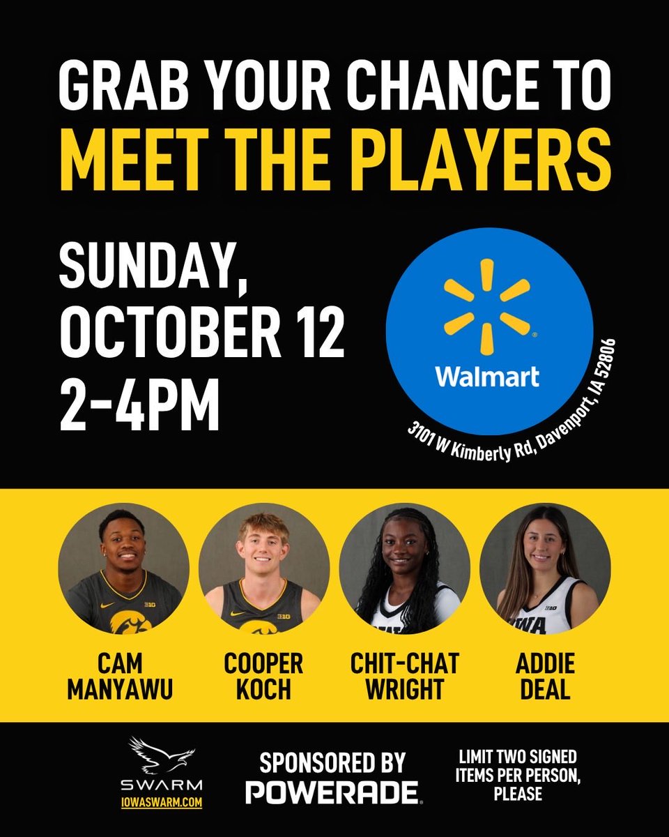 A few Hawkeyes and I will be at the Wal-Mart on West Kimberly in Davenport on Sunday from 2-4pm - come get your picture with us!