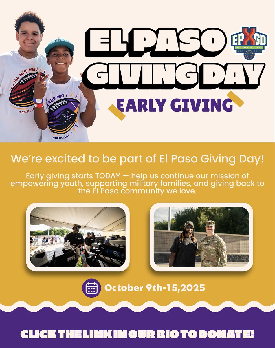 We’re excited to join this year’s #EPGivingDay! 💜

Early giving starts TODAY — help us continue our mission to support youth &amp; military families across El Paso and beyond.

Donate now &amp; go ALL THE WAY with us!