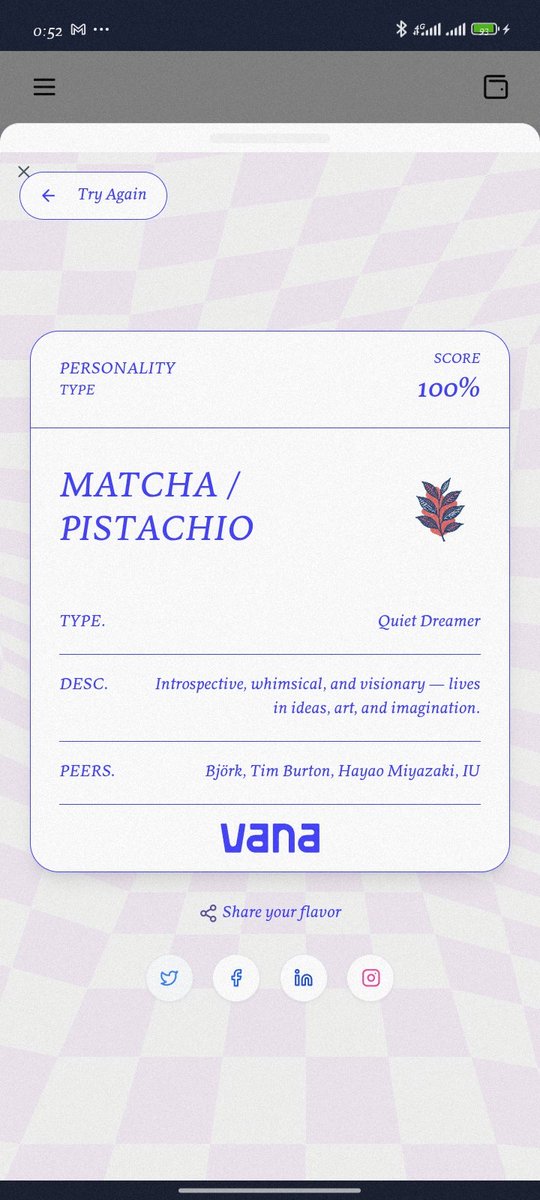 sammydaveed's tweet image. If I was an Ice Cream Flavour, I&apos;d be Matcha / Pistachio, Introspective, whimsical, and visionary — lives in ideas, art, and imagination..
Taste your data: app.vana.com #datarevolution