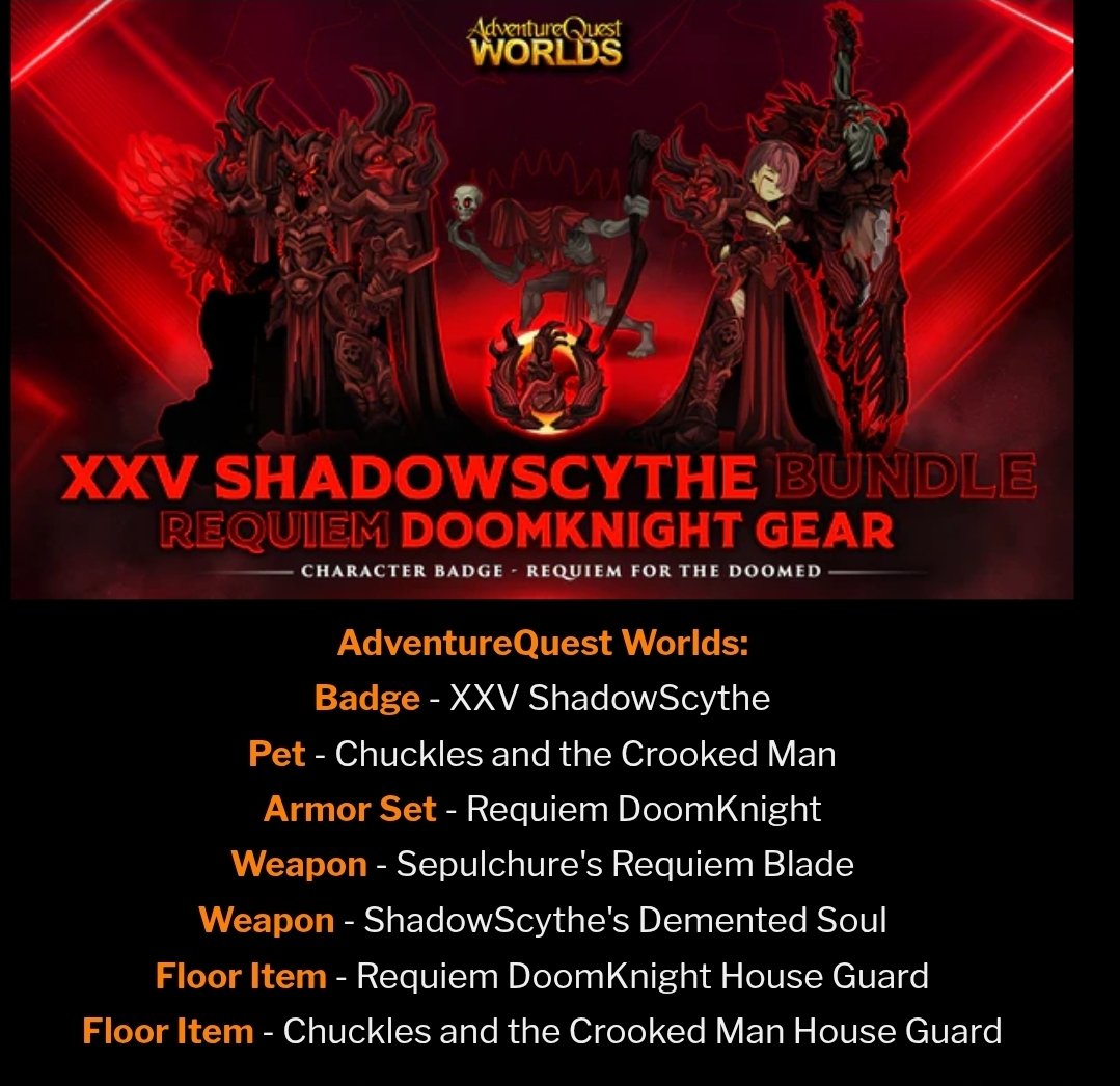 Nurse_AE1's tweet image. Hello everyone! We’ve ordered the 💀 XXV ShadowScythe - Bundle 💀. DM us to Pre-Order and secure yours on the very first day it arrives!" #aqw #aq3d #edcodes #Dragonfable