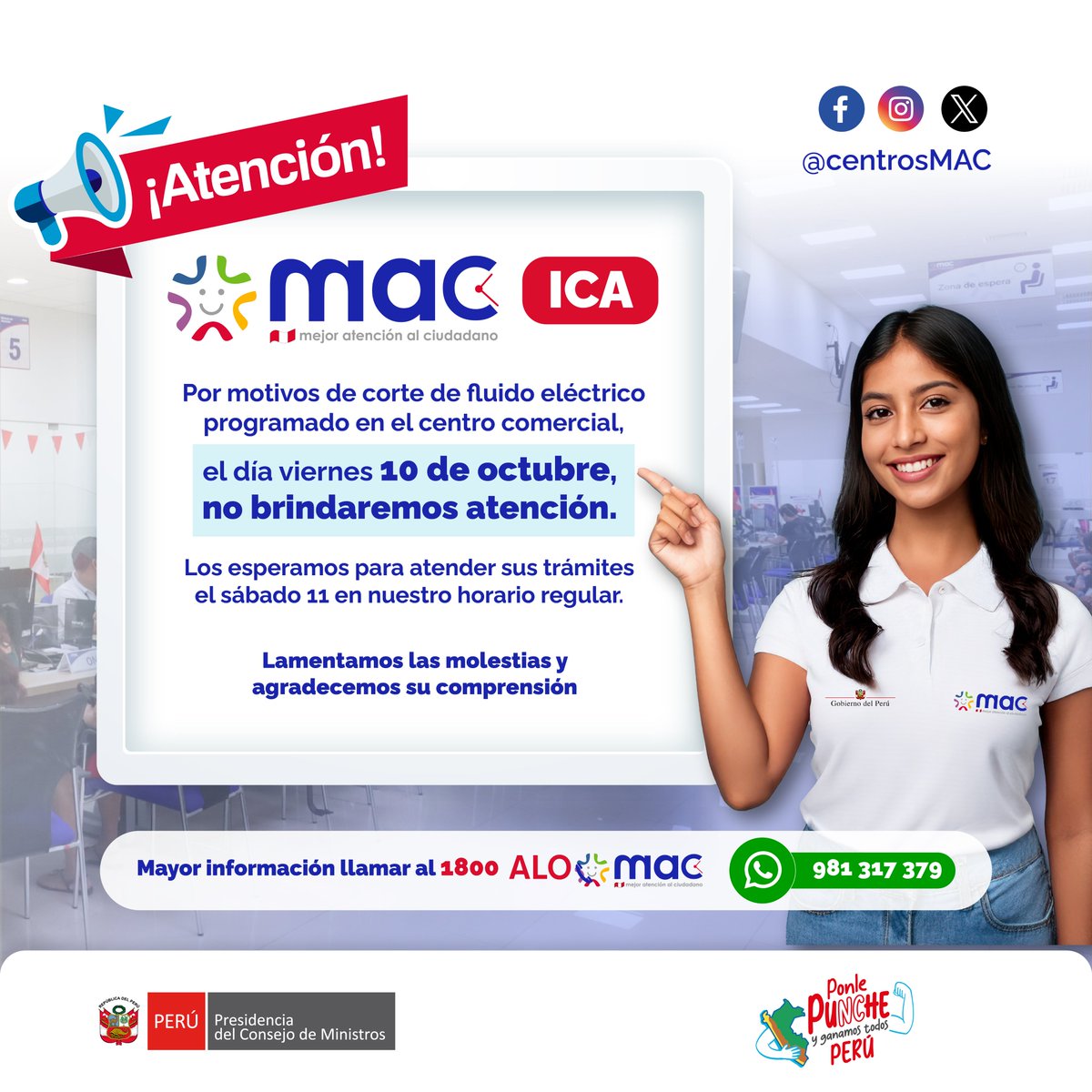 ⚠️ ¡Atención, usuarios del MAC Ica!
📅 Este viernes 10 de octubre no habrá atención por corte programado de fluido eléctrico en el centro comercial.
👩‍💼 Los esperamos el sábado 11 en nuestro horario habitual.
Agradecemos su comprensión 💙
#MACIca #AtenciónAlCiudadano