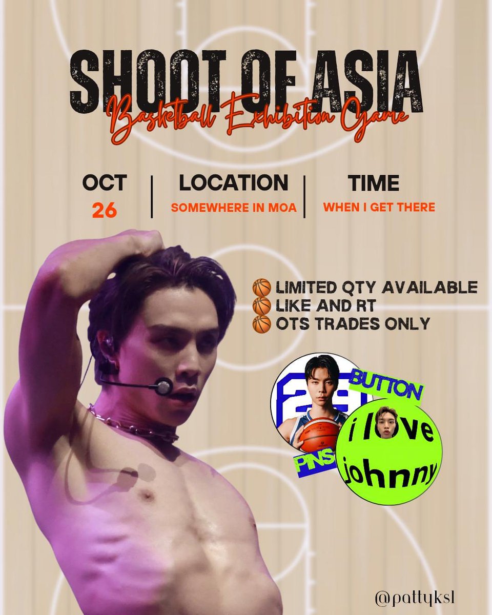 pattyksl's tweet photo. Shoot of Asia in MOA limited freebies by patty kim-SUH-lee (@pattyksl) for Johnny Suh #DunkItJohnnySuh 🏀 

🏀 like and rt
🏀 loc tba
🏀 i love johnny 32mm pin
🏀 29 johnny 32mm pin 

#JOHNNY #BENCHShootOfAsia #NCT #NCT127 #NCT_Johnny https://t.co/vyBVuQLgxu