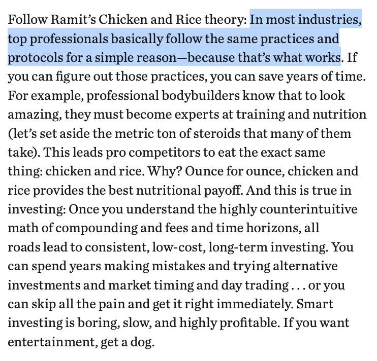 Ramit's Chicken and Rice Theory explains why most bodybuilders eat chicken and rice...

...and why most sophisticated individual investors buy simple index funds