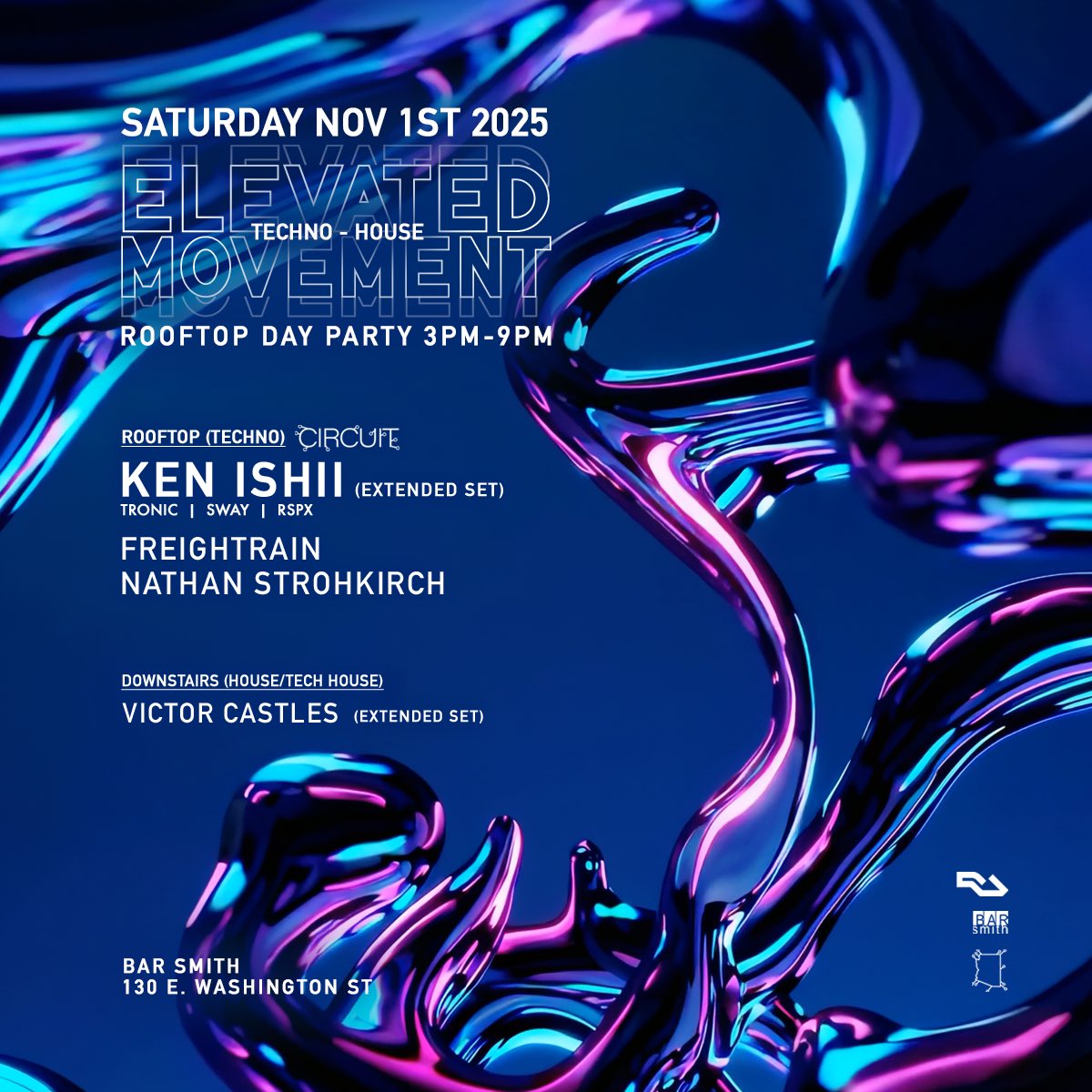 JUST ANNOUNCED! <a href="/K_Ishii_70Drums/">Ken Ishii ケンイシイ</a> at Elevated Movement on November 1st on the rooftop at Bar Smith! Two floors of Techno and house, 3pm-9pm! Tickets: ra.co/events/2278316