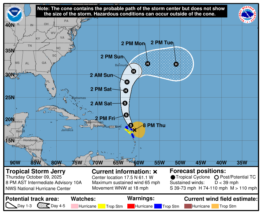 Jerry devrait passer très près de Barbuda cette nuit

TT #Jerry centrée à 0h TU par 17.5N 61.1W soit 225 km à l'ESE de Barbuda, vents maxi 100 km/h, déplacement vers l'WNW ou 300° à 30 km/h, pression mini 1006 mb