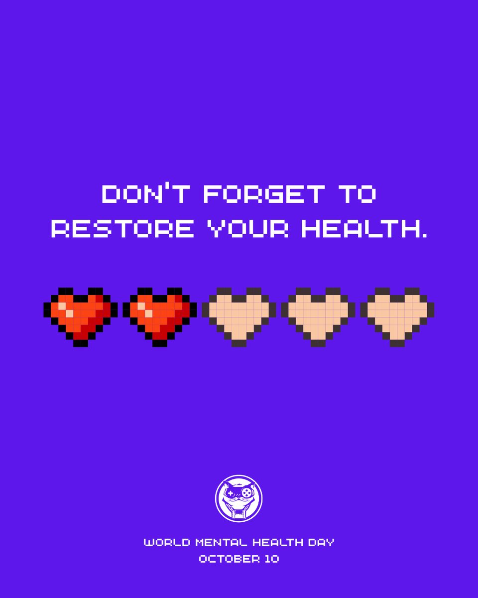 megacatstudios's tweet image. It's World Mental Health Day! 💜💆🏻♀️
Just like in our favorite #games, our own health bar needs attention. Grinding 24/7 can leave you with low HP. Don't forget to pause and restore your health.