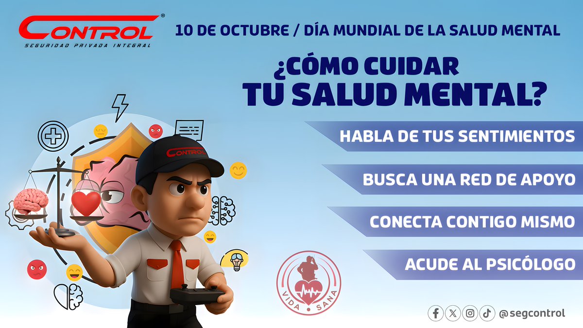 segcontrol's tweet image. Hoy celebramos el Día Mundial de la Salud Mental 🚓💙

🩺Recordemos que cuidar nuestra mente también es parte de una vida sana.

👉 En Control promovemos el equilibrio físico, mental y emocional para vivir con bienestar cada día.

#VidaSana #SaludMental #ConTodoControl