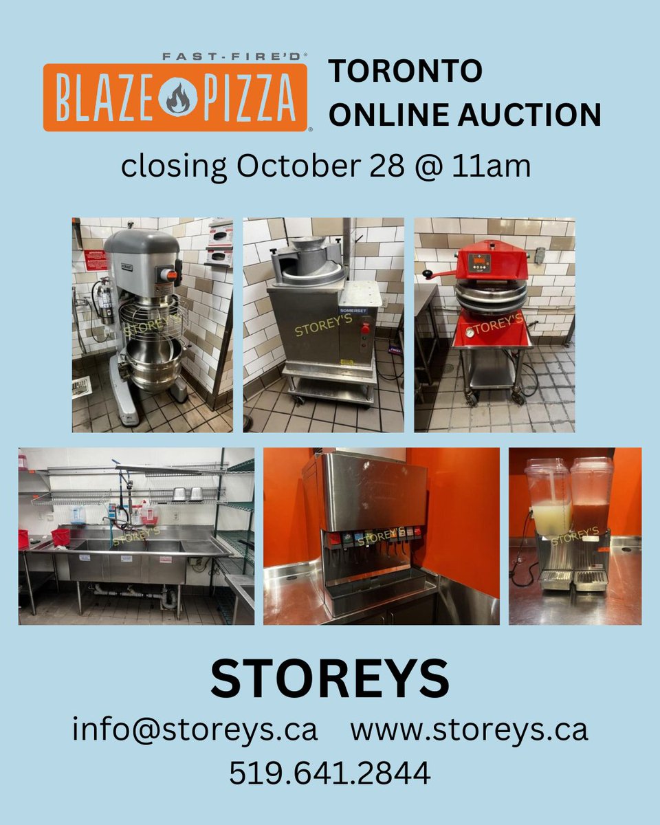 Blaze Pizza, Toronto Online Auction

Link: storeys.hibid.com/catalog/682914… 

When: Tues Oct. 28 @ 11am
Location: 2885 Sherwood Heights Dr, Oakville ON
Removal: Wed Oct 29 from 10am - 2pm