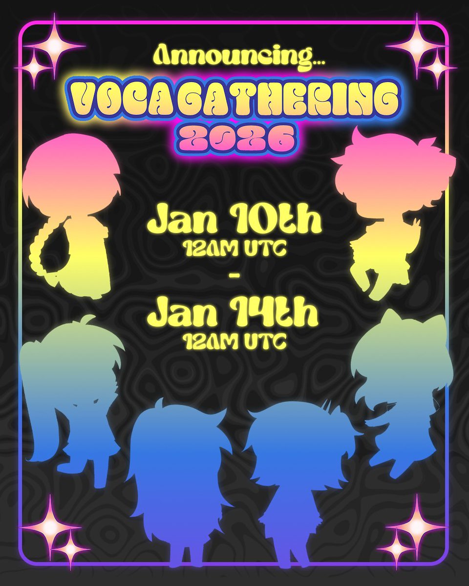 Announcing… #Vocagathering2026!! 🎉🎉
The next event will be taking place from January 10th 12AM UTC to January 14th 12AM UTC! Stay tuned for the reveal of the main visuals, staff introductions, and new event features 🤩

Can you guess who our featured vsynths will be this time?