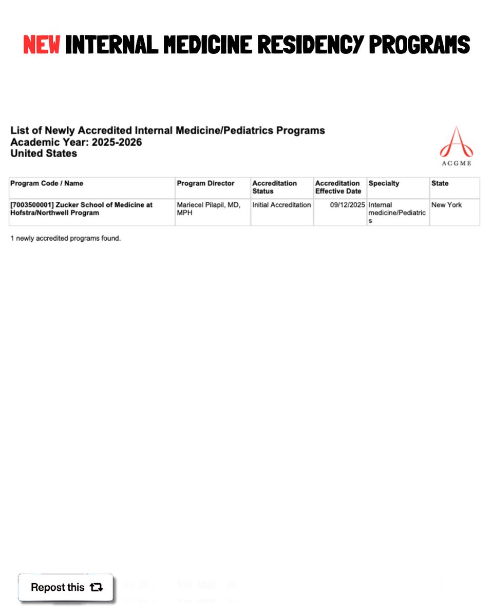 🚨 BREAKING NEWS FOR IMGs: 29 New IM Residency Programs Got Accredited for 2025-2026 Match 🚨

📢 ACGME  released their latest accreditation list and it’s massive news for anyone applying this cycle or planning ahead.

#USMLE #Match2026 #MedTwitter #medschool #medstudent