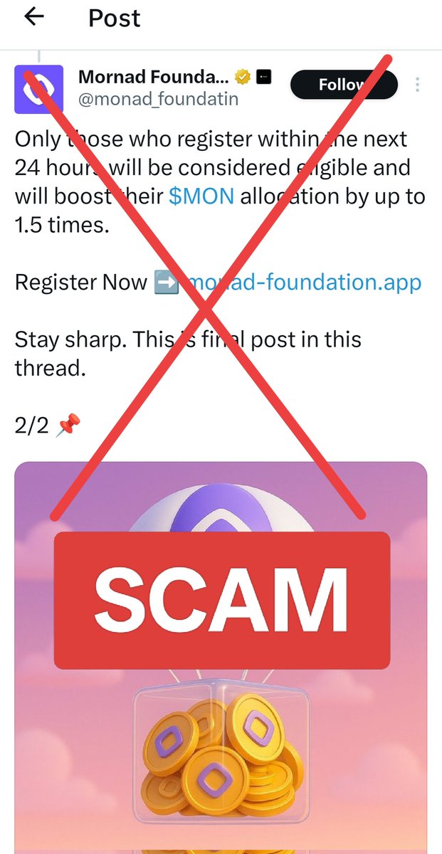 🚨 SCAM ALERT 🚨

A fake account  <a href="/monad_foundatin/">Mornad Foundation</a> is pretending to be Monad Foundation!

⚠️ Don’t click on any links
⚠️ Don’t connect your wallet
⚠️ The official Monad X handle is   <a href="/monad/">Monad (mainnet arc)</a> 

Stay sharp, fam. Always verify before you connect. 

 #ScamAlert #Monad