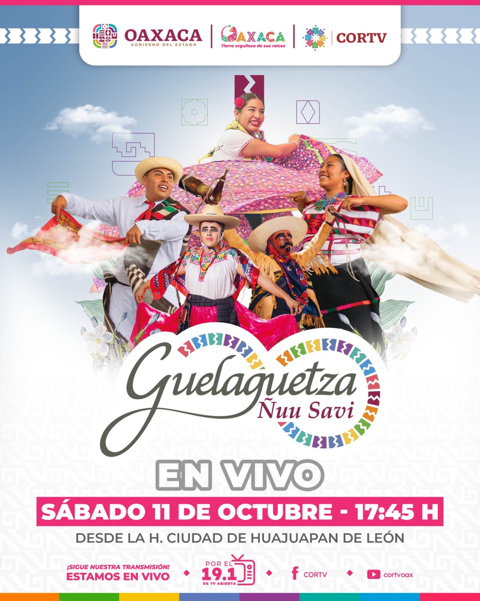 cortv's tweet photo. Disfruta de una nueva edición de la 𝗚𝘂𝗲𝗹𝗮𝗴𝘂𝗲𝘁𝘇𝗮 𝗡̃𝘂𝘂 𝗦𝗮𝘃𝗶 y celebremos la grandeza cultural de los pueblos de la #Mixteca. ✨

🗓️ Sábado 11 de octubre a las 17:45 h por #CORTV. 📺

#Oaxaca #CorazónCulturalDeMéxico https://t.co/cQzg0dcLrY