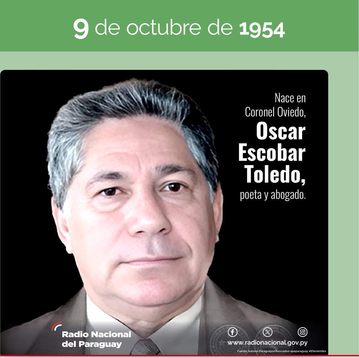 rnpy920am's tweet photo. Hace 71 años, nacía Óscar Escobar Toledo, poeta y abogado. Sus poemarios son: "Sueño de poeta", "Sigo soñando", "Sueño soñado y "De sueño en sueño", En este último poemario, incluyó Flor de setiembre, poema al cual le puso música, Óscar Carvallo. #Efemérides920AM #OscarEscobar https://t.co/m6Nt6ErDop