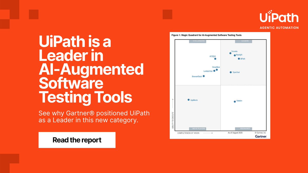 Bottlenecks out, breakthroughs in. 🔄 That’s QA with UiPath Test Cloud. See why <a href="/UiPath/">UiPath</a> has been named a Leader in the 2025 Gartner® Magic Quadrant™ for AI-Augmented Software Testing Tools: spr.ly/6018Ashe2