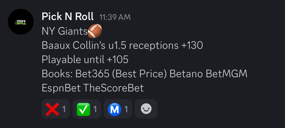 PnRbets's tweet photo. Our discord had these 3 TNF bets

Beaux Collins closed: u1.5 -139 
Saquon Barkley closed: o90.5 -115
Jaxson Dart closed: u7.5 -165

Great CLV for tonight’s game!! https://t.co/12LzLzWFPD