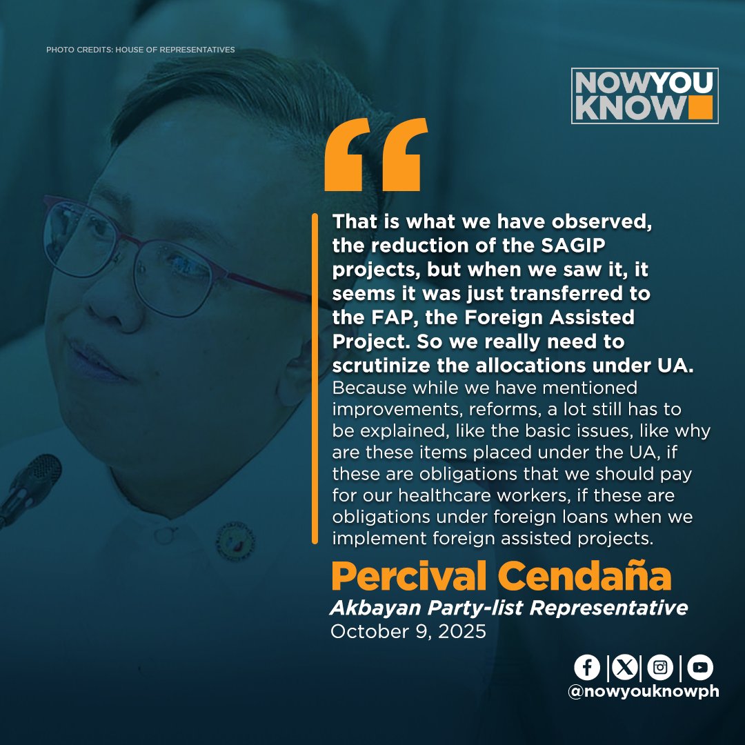 nowyouknowph's tweet image. Akbayan party-list Rep. Percival Cendaña has called out the transfer of unprogrammed funds for infrastructure projects in the proposed 2026 national budget to Foreign-Assisted Projects (FAP) — noting that it is just another unprogrammed appropriations (UA).