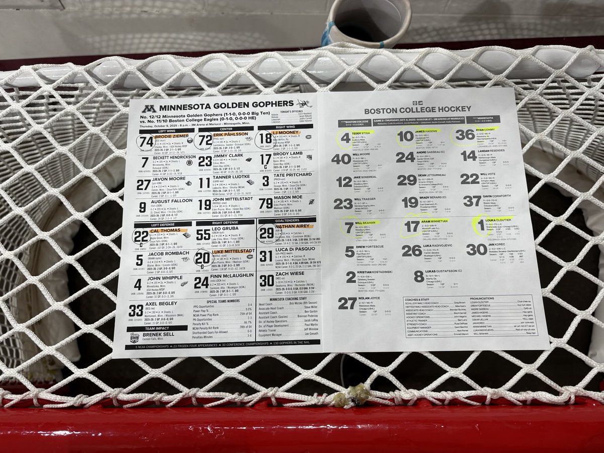 Tonight starters: non conference matchup between ⁦<a href="/BC_MHockey/">BC Men's Hockey</a>⁩ bs ⁦<a href="/GopherHockey/">Minnesota Men’s Hockey</a>⁩ ⁦<a href="/BigTenNetwork/">Big Ten Network</a>⁩ ⁦<a href="/B1GHockey/">Big Ten Hockey</a>⁩ #HockeyEast #SkiUMah