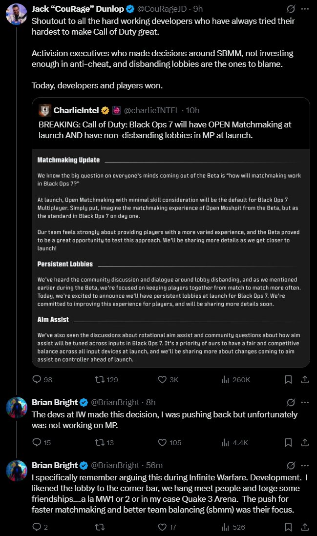 NerosCinema's tweet image. Holy shit... a former Infinity Ward dev claims that SBMM was all Infinity Ward's idea, and they pushed Activision initially to get it implemented