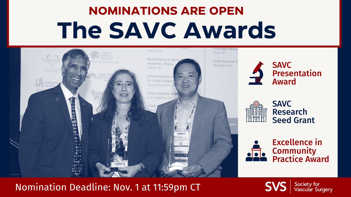 VascularSVS's tweet photo. 🌟 The SVS Section on Ambulatory Vascular Care (SAVC) wants to recognize SVS members advancing care in outpatient settings and making a difference in their communities through their 2025-26 awards.
💻 Nominate today: https://t.co/KzQ2awmx3z
#VascSurg #VascularCare #SAVC https://t.co/o5GNsAhOKK
