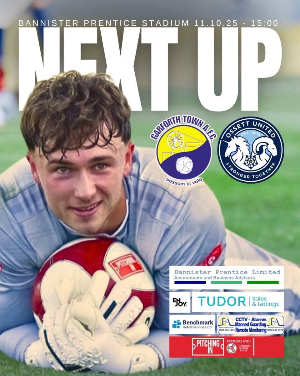 TheGarforthTown's tweet image. 𝙉𝙀𝙓𝙏 𝙐𝙋
🗓 11/10/25
🕒 3pm
🆚️ @OssettUnited 
📍Bannister Prentice Stadium LS25 2PF 
🎟 £10 Adults, £6 Concessions, £3 U16s, U3s FREE 

#Nonleague #Garforth #groundhopping #leeds #npl