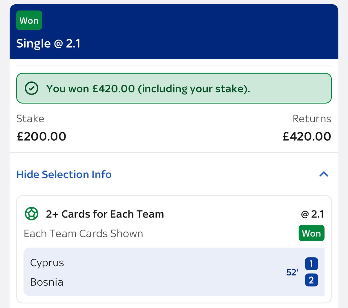 Lands inside 50 minutes 💥 

Both Teams 2+ Cards @ 2.10 (2u) ✅ +2.2u

Like if you joined us! ❤️